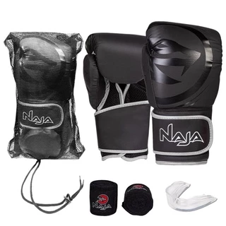Kit Boxe Naja Black: Luva + Bandagem + Bucal - Prata