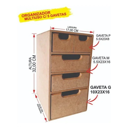 Gaveteiro de Mesa Multiuso Mdf Cru