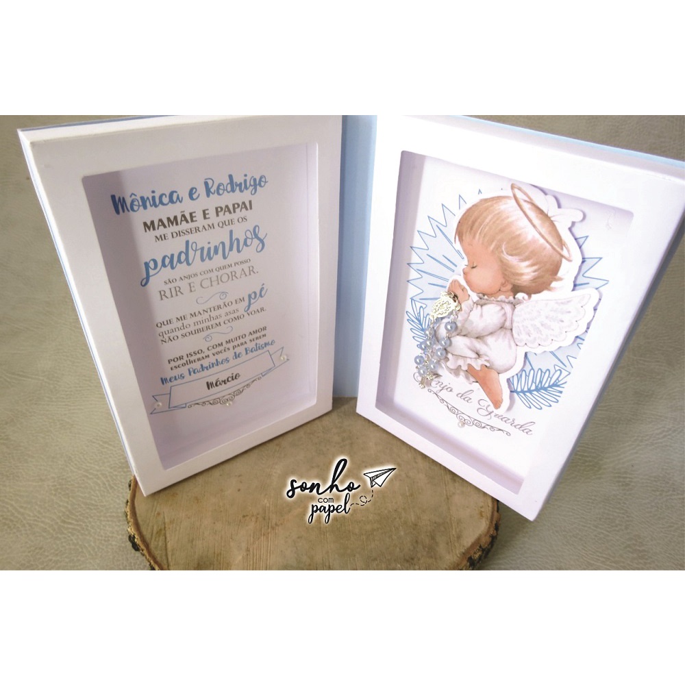 Caixa convite padrinhos de batismo capa cruz azul com anjinho acompanha mini terço