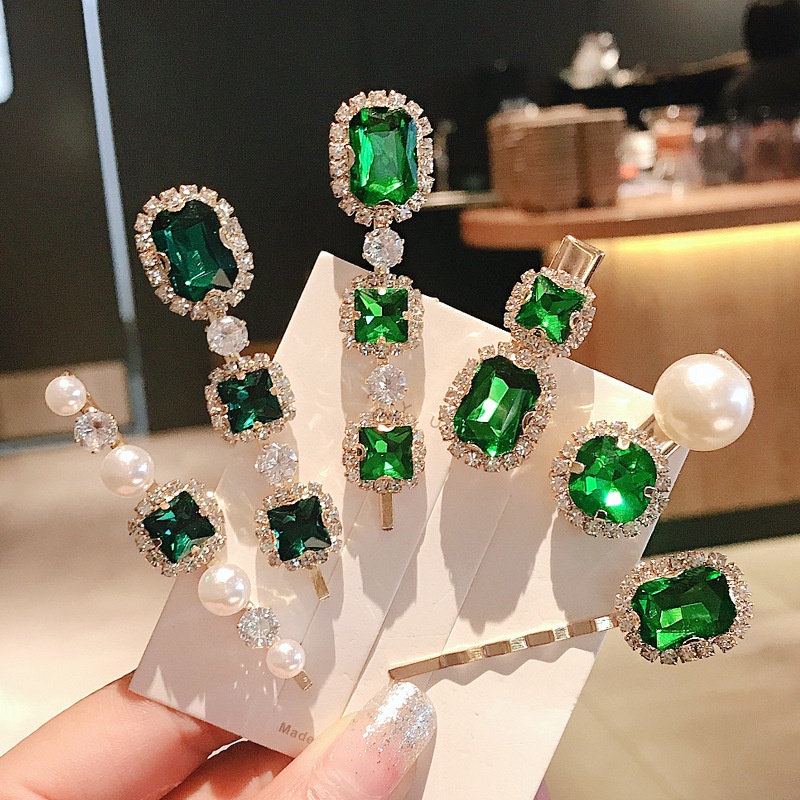 Acessórios Para Cabelo Menina Pérola Avó Verde Água Diamante Grampo De Pato Clipe De Borda Esmeralda Franja Lateral Cabeça