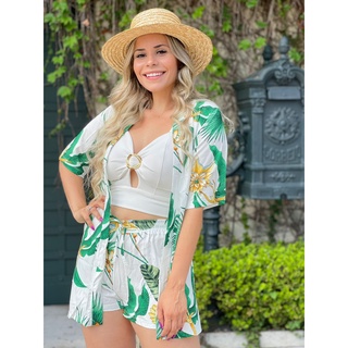 Conjunto feminino 2 Peças Kimono + Shorts com Elástico Moda Feminina Praia Primavera  Verão