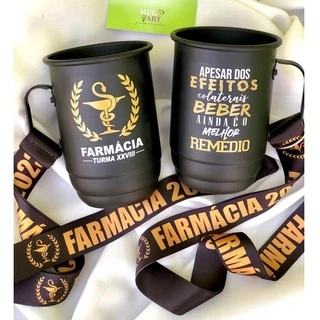 Caneca de Alumínio preto fosco - FARMÁCIA - Apesar dos efeitos colaterais beber ainda é o melhor remédio.