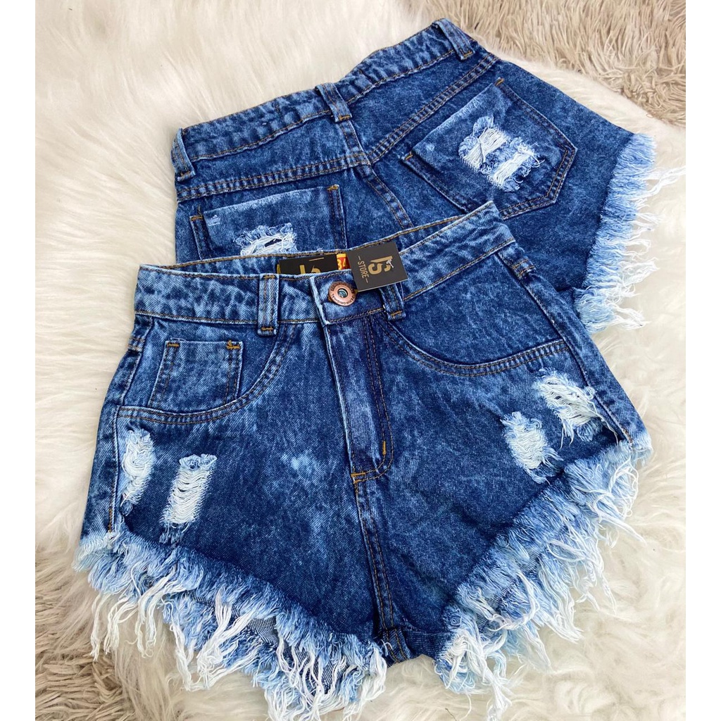 Short Jeans Feminino Desfiado Cintura Alta Lindo Rasgado C37 Cor