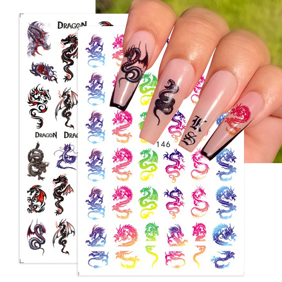 adesivos de unhas mini cartelão cobra, fogo, dragão