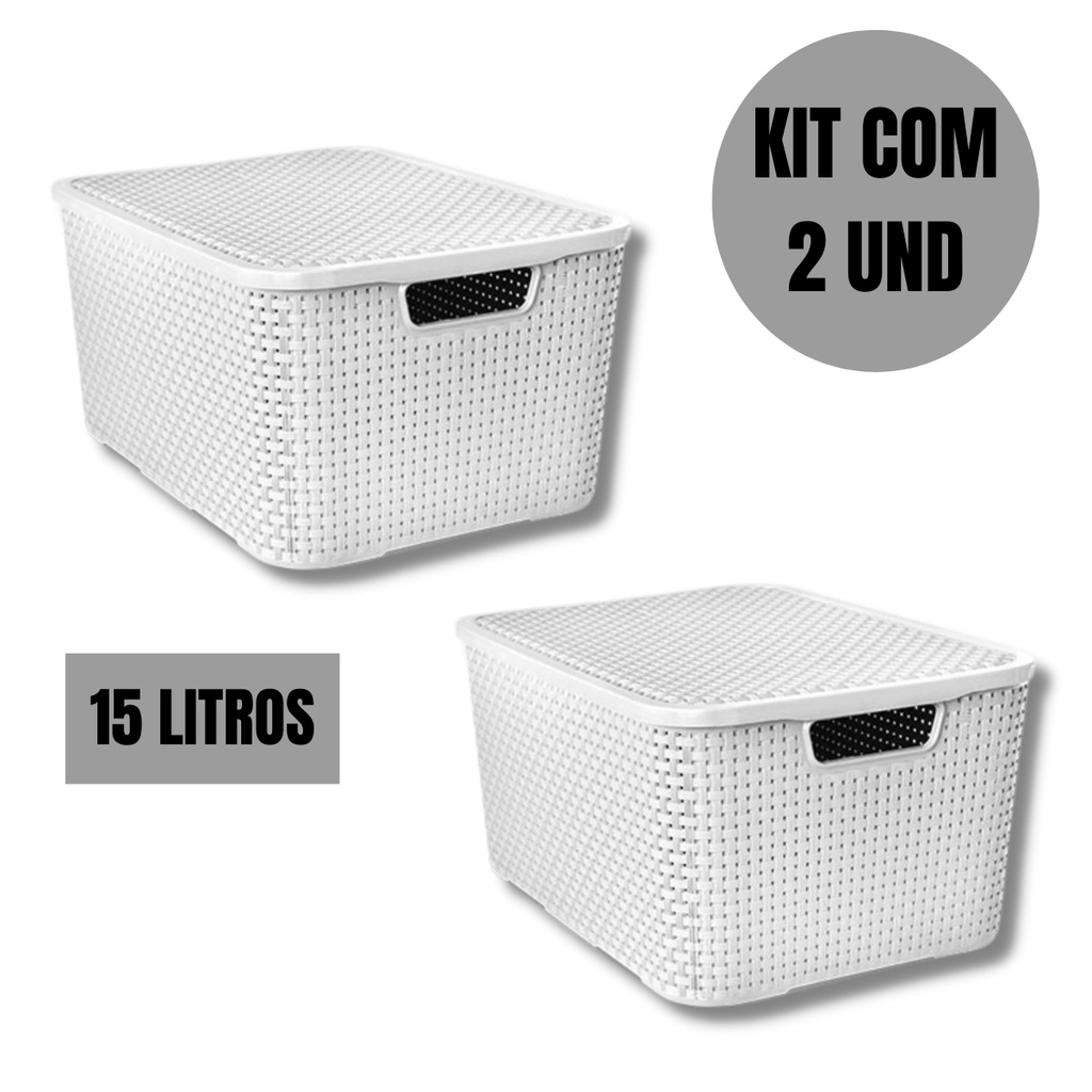 Kit C 2 Cesto - Caixa Organizadora Rattan 15 Litros - Branca