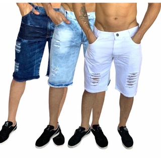 Kit Com 03 Bermudas Jeans Destroyed Masculina Desfiada Rasgada