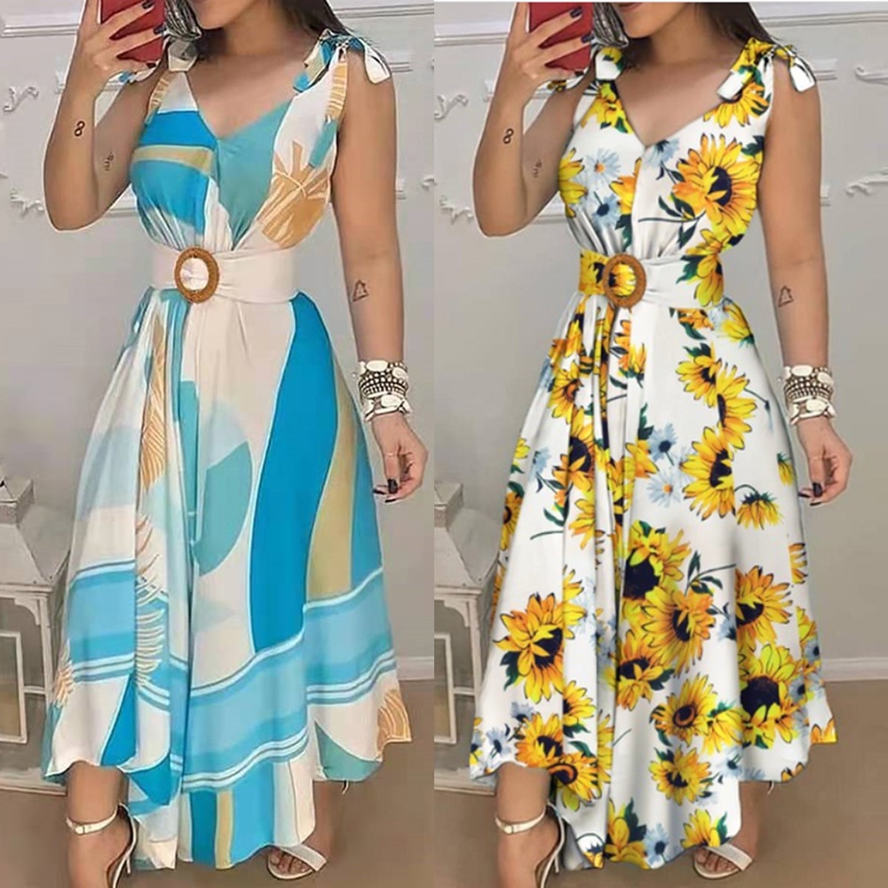 Vestido feminino de verão Boho floral sem mangas, frente única