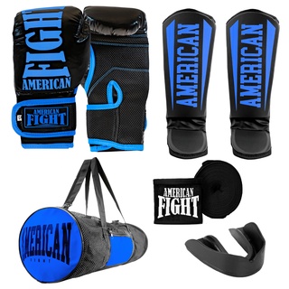 Kit Muay Thai Luva Caneleira Bolsa Band. Bucal American Fight - Azul