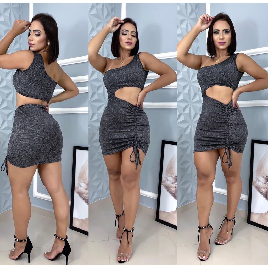 Vestido Lurex Mula Manca Aberto na Cintura Franzido Drapeado Vestido Preto vestido curto