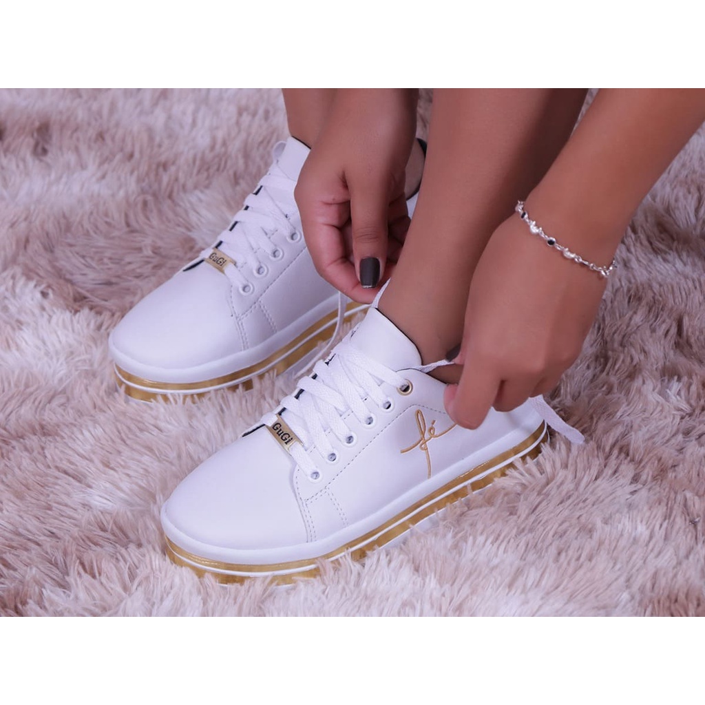 Tênis Feminino Branco Bordado Fé Plataforma Flatform Com Tiras