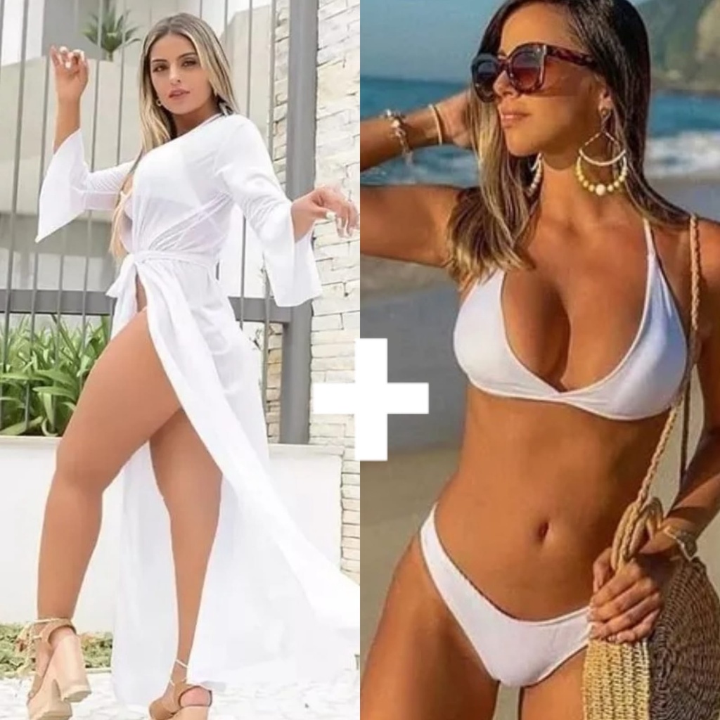 Kit Saída Praia Branca + Biquini Branco Bojo Blogueira