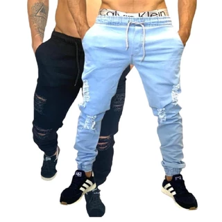 CALÇA JOGGER MASCULINA JEANS DESTROYED RASGADA SARJA KIT COM 2 JOGGER