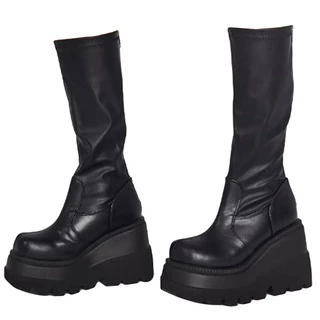 Bota Feminina Harajuku De Salto Alto De Couro Preto Estilo Punk