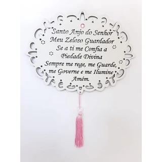 Placa Adorno Anjo da Guarda com Oração Santo Anjo em Madeira Mdf Branco Parede Decoração Casa Lar Criança Quarto