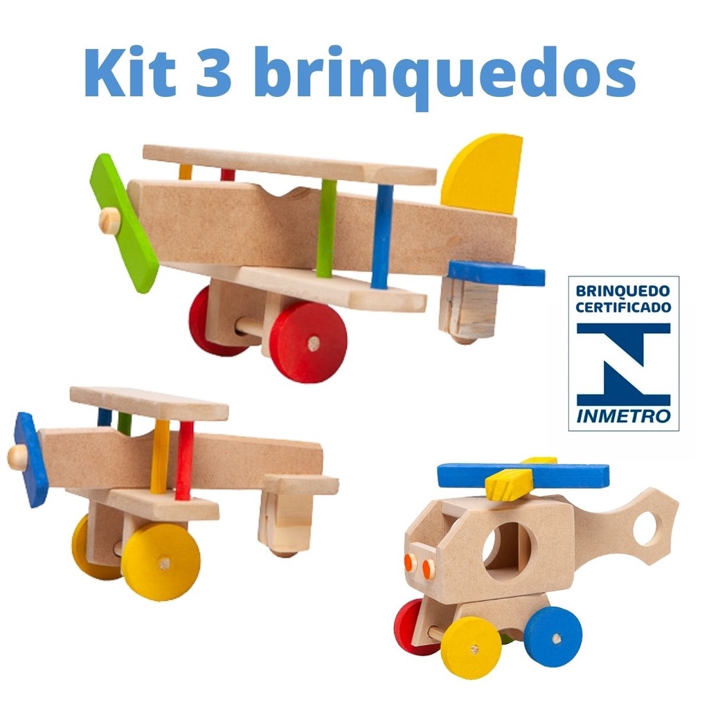 Kit 3 Brinquedos De Madeira Artesanal Pintado Com Tinta At xica 1 Avi o 