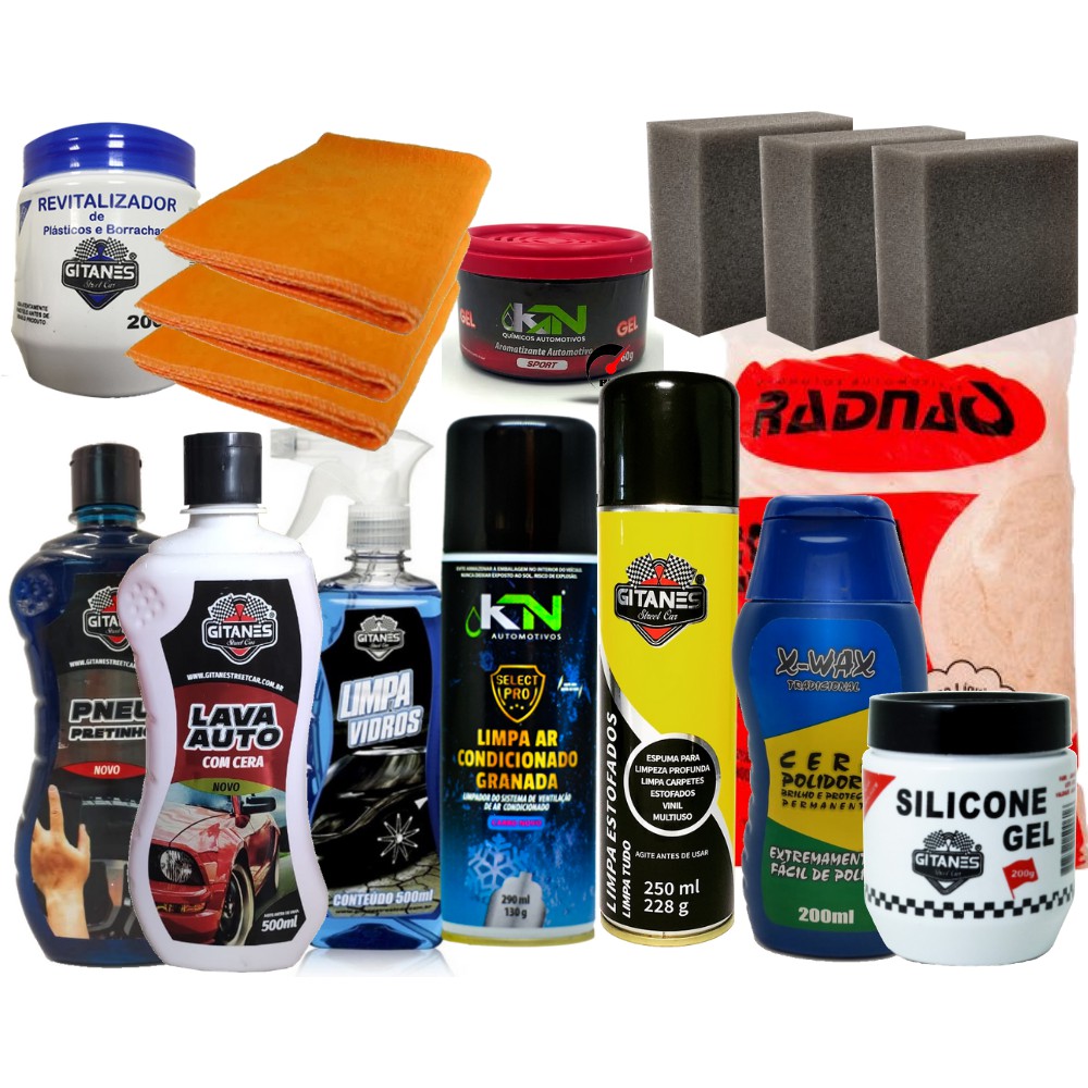 Kit Limpeza Automotiva 16 Itens Carro Novo e Perfumado Limpeza Pesada e Abrilhantadores