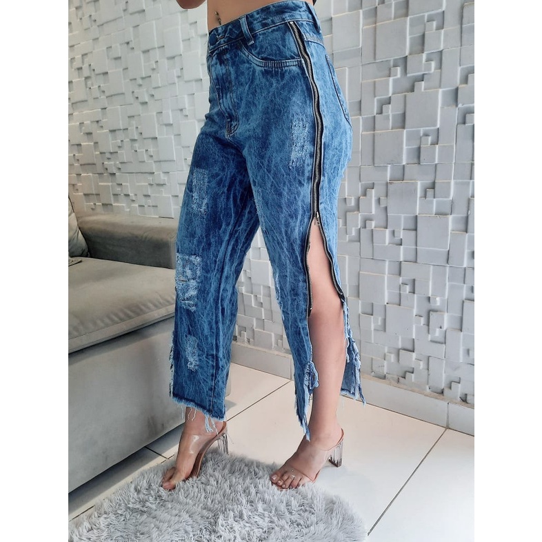 Calça jeans com tecido best sale na lateral