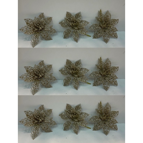 Kit 9 Flores De Natal Flor Vazada Brilho Decoração 7cm