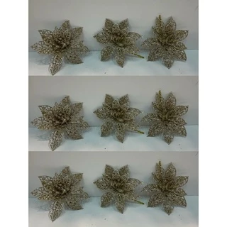 Kit 9 Flores De Natal Flor Vazada Brilho Decoração 7cm