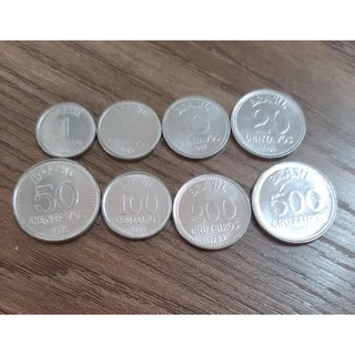 moedas pequenas de 1,5,10,20,50 centavos e 100,200 e 500 cruzeiros