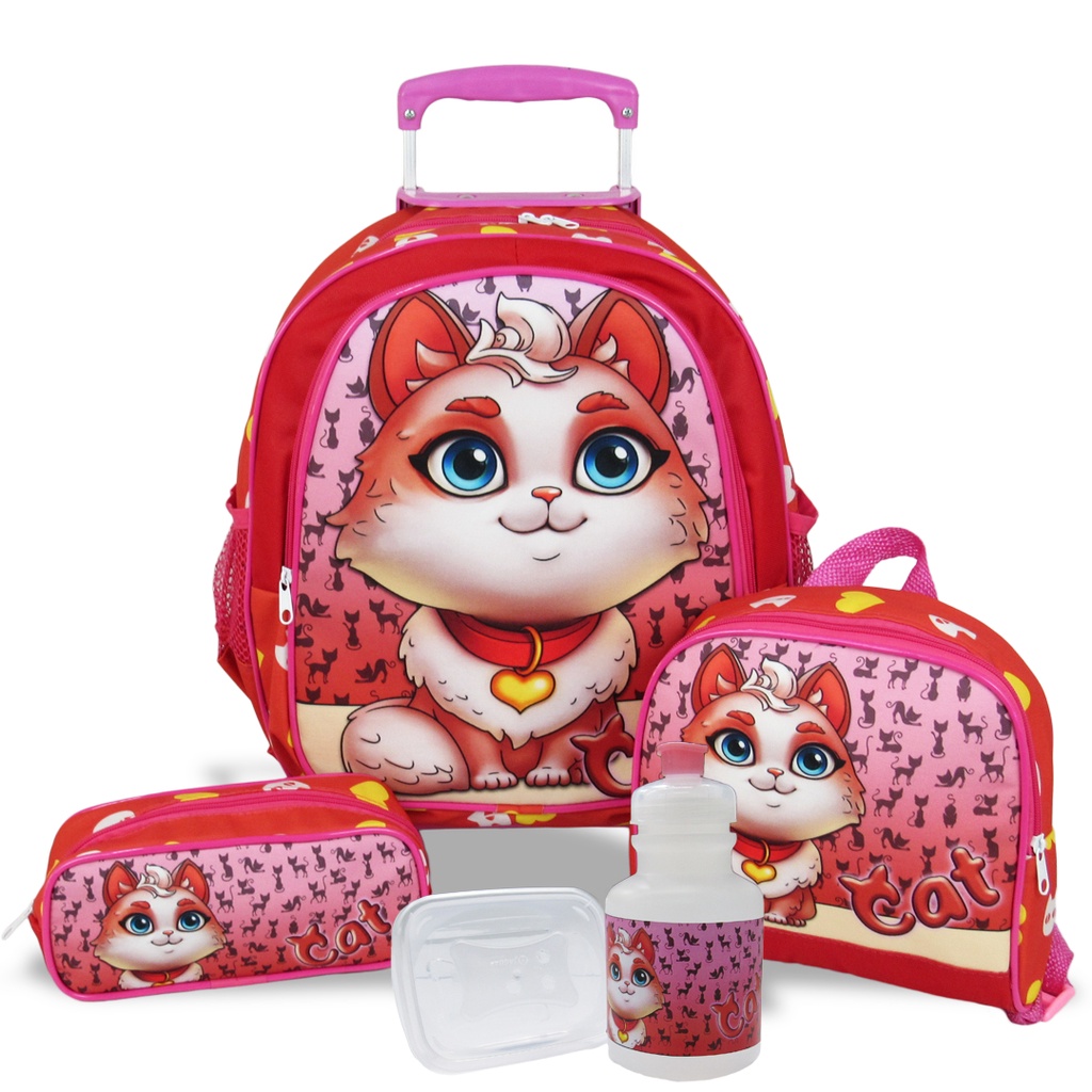 Kit Tam M Mochila de Rodinhas Lancheira e Estojo Cat | Shopee Brasil