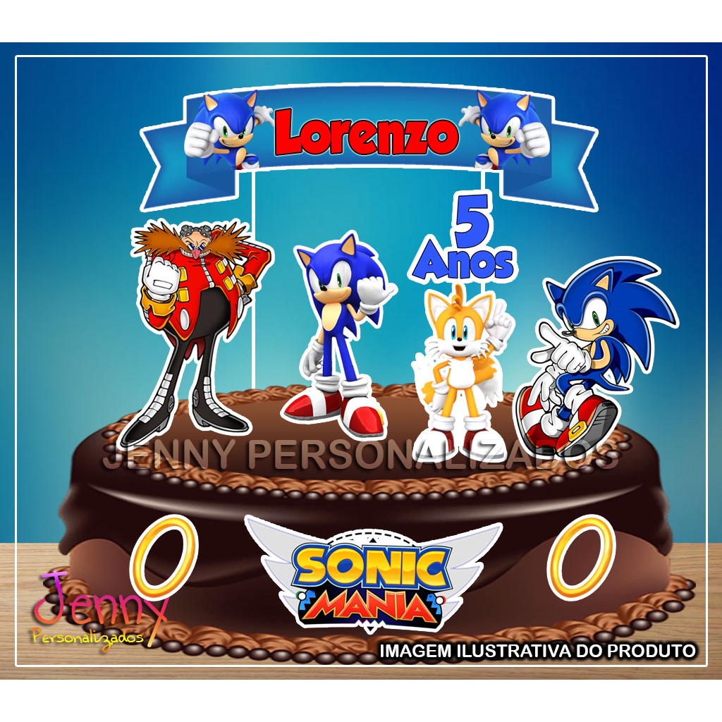 Topo de Bolo Sonic 2 Parabéns - 5 Itens