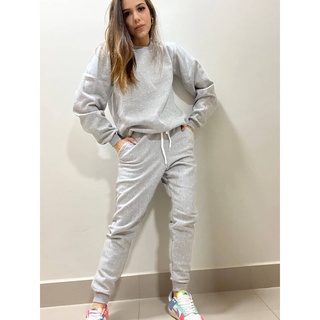 Conjunto Moletom Calça Skinny e Blusa Careca Sem Capuz Flanelado de Algodão