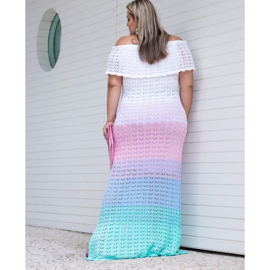 Vestido longo Plus size cigana babado ombro a ombro tecido tricot linha