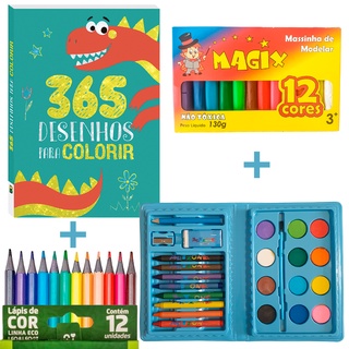 Kit Colorir Infantil Livro 365 Desenhos Estojo Lápis Massinha Masculino