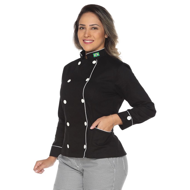 Dolmã chef de cozinha feminina com bandeira em algodão