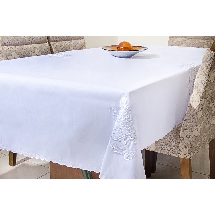 Toalha de Mesa Branco Bordado Cálice com Uva Fios Prata 1,50m x 1,50m ...