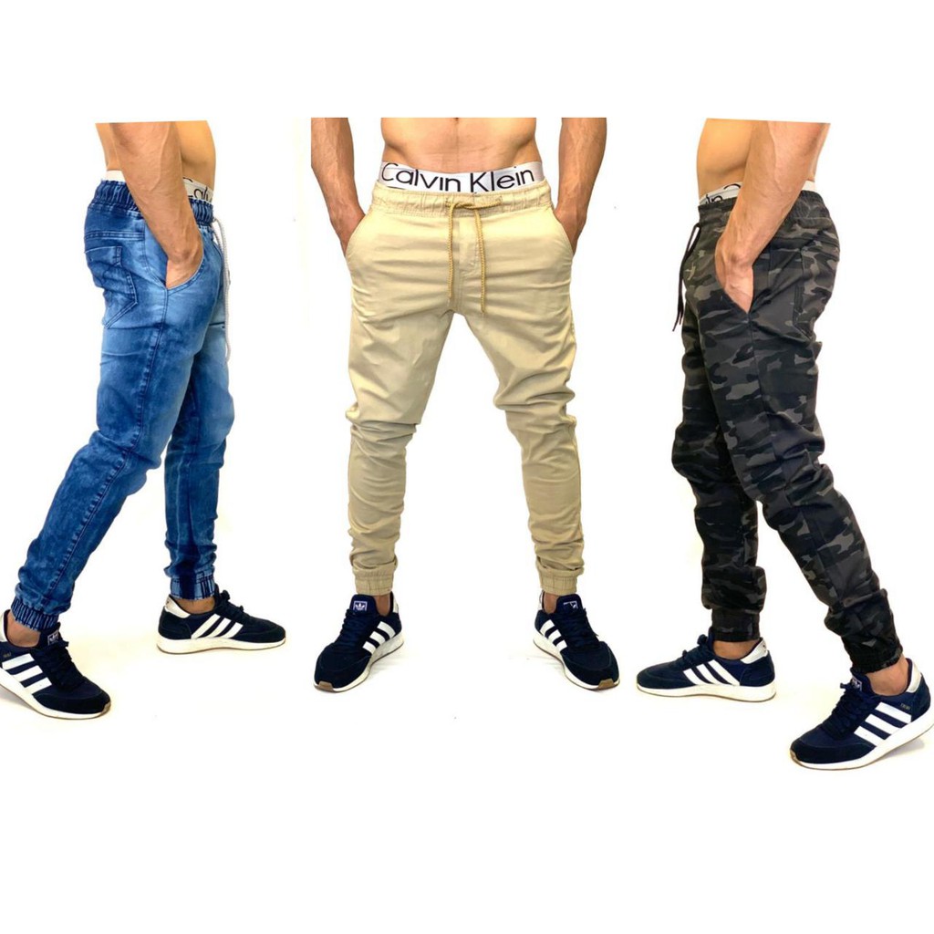 Kit com 3 Calças Jogger masculina cargo Skinny com elástico e punho  Preta/Camuflada/Jeans