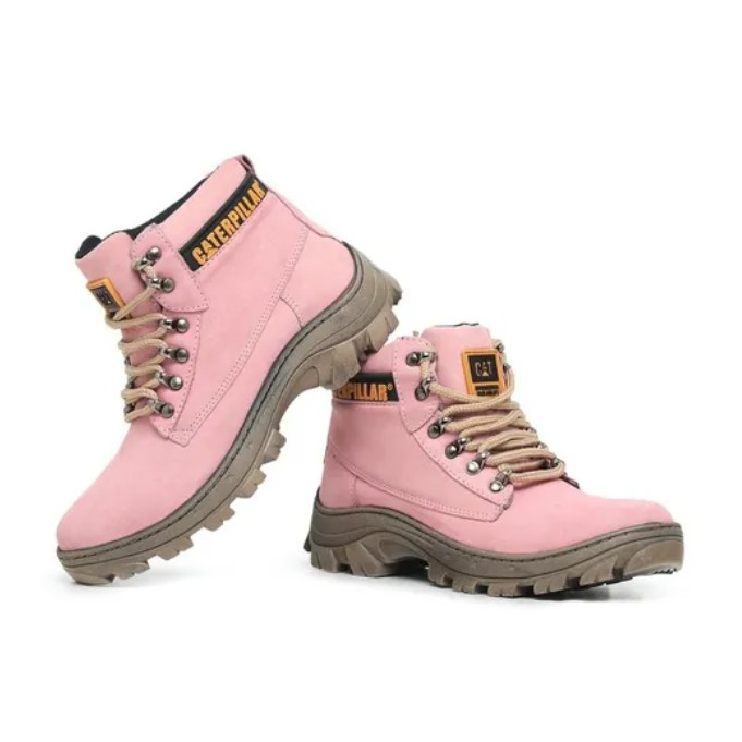 Bota Feminina Caterpillar Preto e Rosa Palmilha Anatômica Couro Legítimo  Super Confortável - Feathers Boots