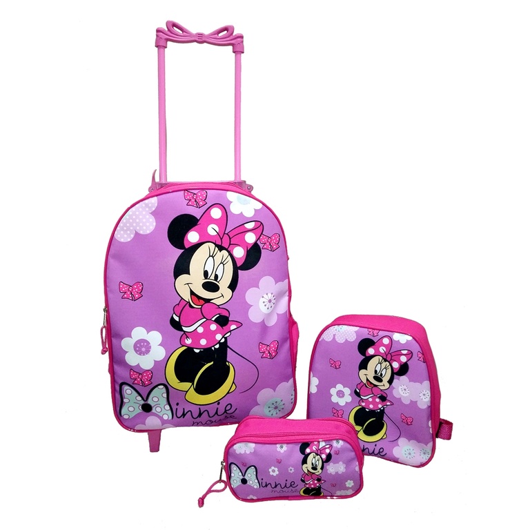 Kit Mochila Infantil Minnie Rosa Menina Rodinhas + Lancheira + Estojo