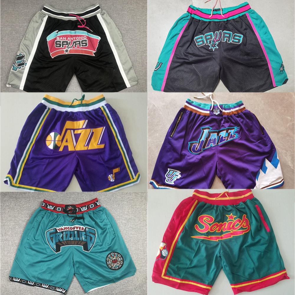 Calções De Basquetebol Masculino De Verão SuperSonics Jazz Spurs Grizzlies Com Bolsos Zíper Edição Densa Bordada
