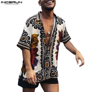 INCERUN Camisas Estilo Étnico Masculino Manga Curta Estampada Férias Vintage Praia Blusas