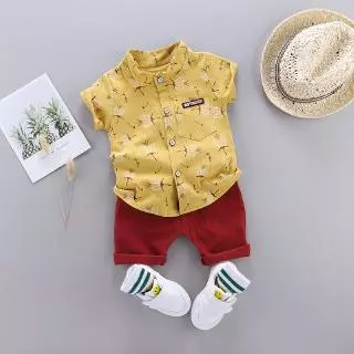 [Estoque Pronto] 0-5Y Camisa Da Moda Para Bebês Algodão Conjunto De Roupas De Verão Meninos Infantis