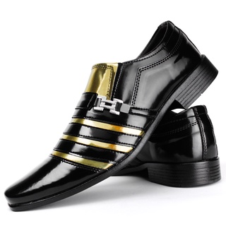 Sapato Social Masculino Moderno Preto Branco Dourado Envernizado Verniz Confortável