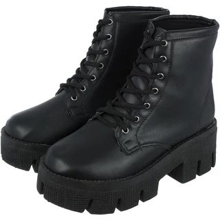 Bota Coturno Feminino Plataforma Tratorado Novo Donatella Shoes Cano Medio Militar Preto com Cadarço Botinha