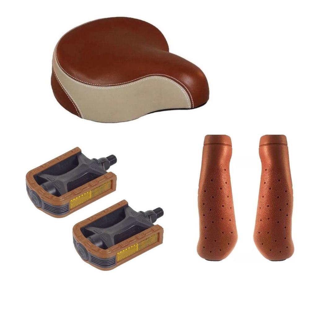 Kit Selim Banco Bike Marrom + Manopla Elleven + Pedal Retro