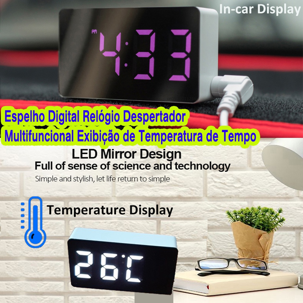 Relógio Despertador Digital Multifuncional Visor Temperatura Do Tempo
