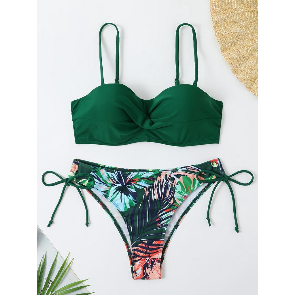 Calça de banho feminina estilo planta Tropical Calça torcida Fato de banho feminino de corda lateral