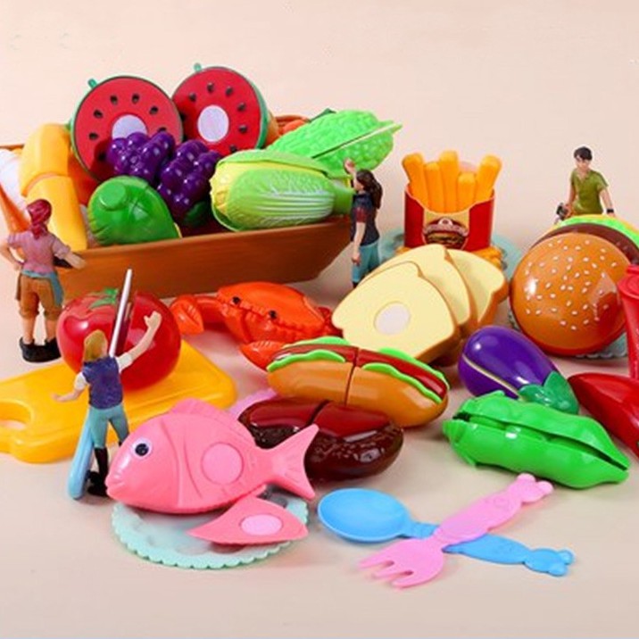 Cozinha de Brinquedo- Frutas e Legumes Brinquedo de Cortar De Criança Brinquedo de comida de corte para cozinha infantil, acessórios de frutas e legumes de plástico, mini pratos e faca de plástico, brinquedo educativo para presente de