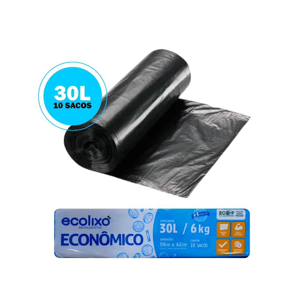 Saco para Lixo 60 Litros Comum Linha Econômica Preto (30 unidades)