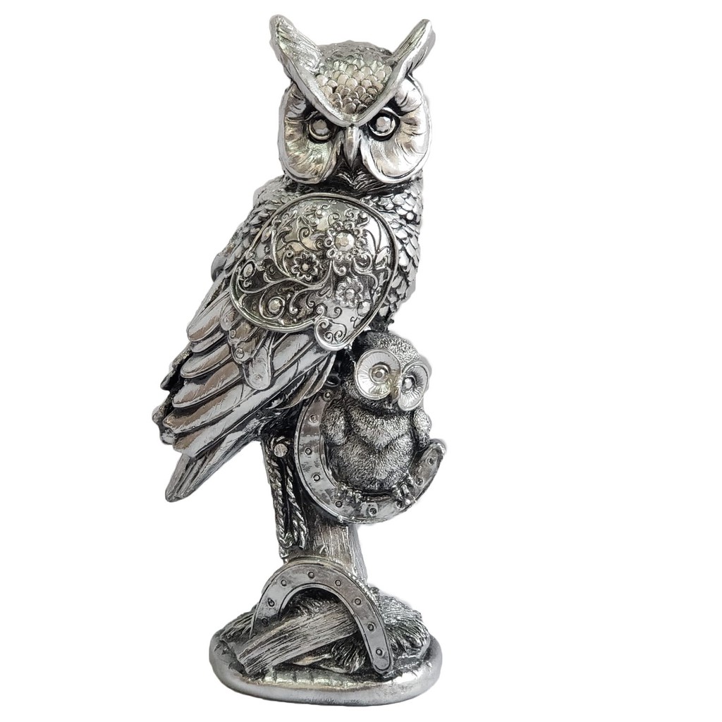 Coruja Corujinha Tronco Ferradura Enfeite Decorativo 26x11,5x8,5 Estatua Decoração Gesso