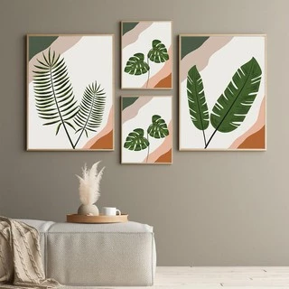 Quadro Decorativo Kit 04 Peças Folhagem Verde e Detalhes Laranja Estilo Boho Para Sala Quarto Escritório - Sem Moldura