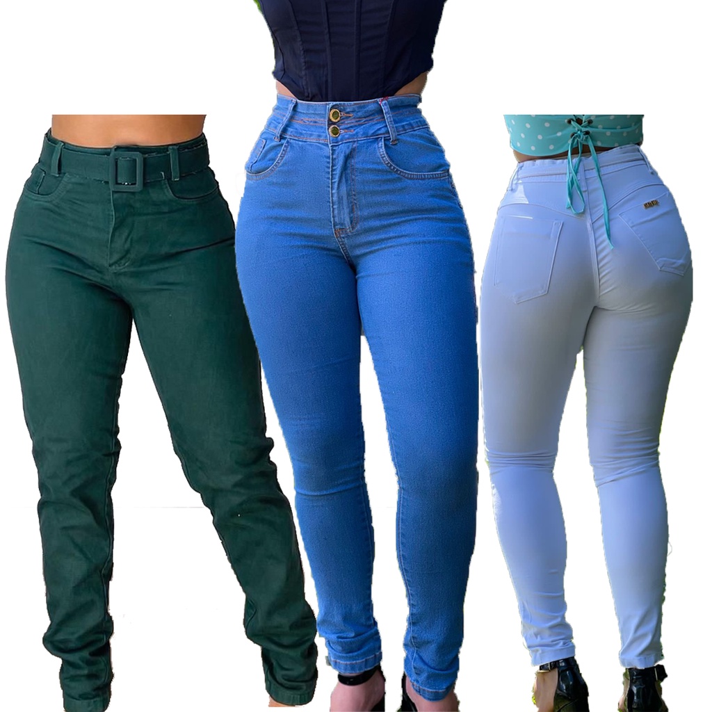 Calça Jeans Feminina Cintura Alta Empina Bumbum Algodão Poliester