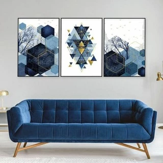 Quadro Decorativo Kit 03 Peças 70x50 Geométrico Azul Marinho Para Sala Quarto Escritório - Placas Sem Moldura