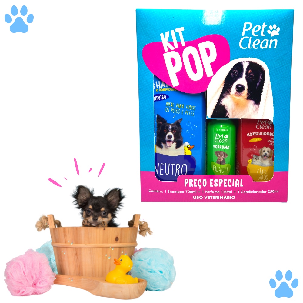 Kit Banho Shampoo + Perfume + Condicionador Pelos Macios e Cheirosos Cachorro e Gato Pet Clean