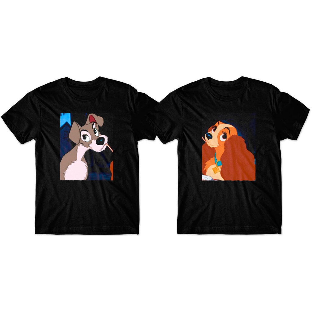 Camiseta Casal Namorados Metadinha A Dama e o Vagabundo Pixar - PRETA ALGODÃO INDIVIDUAL